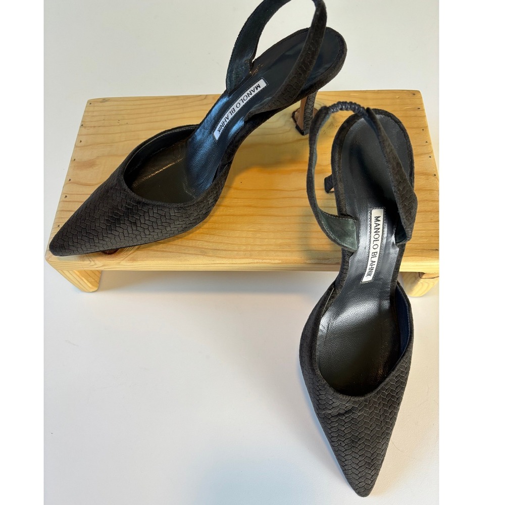 Manolo Blahnik Dark Gray Velvet Textured Slingback Pumps Heels Italy Sz 39.5